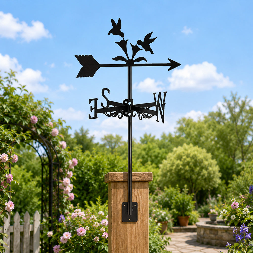 Hummingbirds feeding metal weather vane with directional arrows and mounting rod, outdoor roof and garden decoration