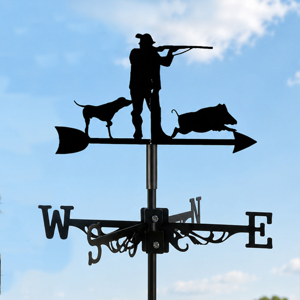 Hunter and wild boar metal weather vane with directional arrows and mounting rod, outdoor roof and garden decoration