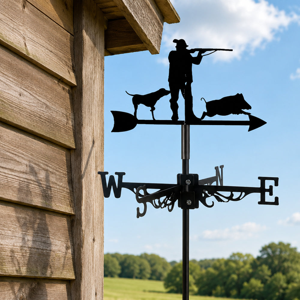 Hunter and wild boar metal weather vane with directional arrows and mounting rod, outdoor roof and garden decoration