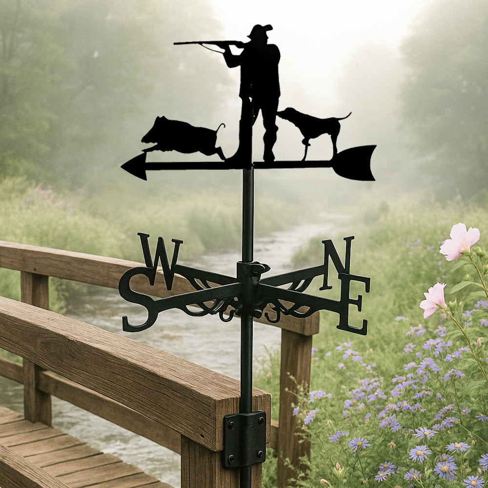 Hunter and wild boar metal weather vane with directional arrows and mounting rod, outdoor roof and garden decoration