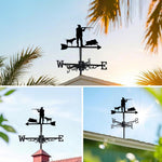 Hunter and wild boar metal weather vane with directional arrows and mounting rod, outdoor roof and garden decoration