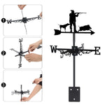 Hunter and wild boar metal weather vane with directional arrows and mounting rod, outdoor roof and garden decoration