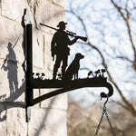 Hunter with dog metal hanging basket bracket mounted on outdoor wall for plant decoration