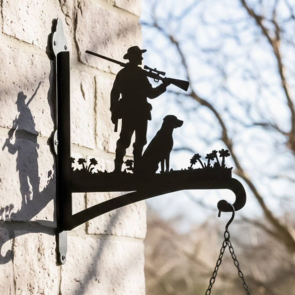 Hunter with dog metal hanging basket bracket mounted on outdoor wall for plant decoration