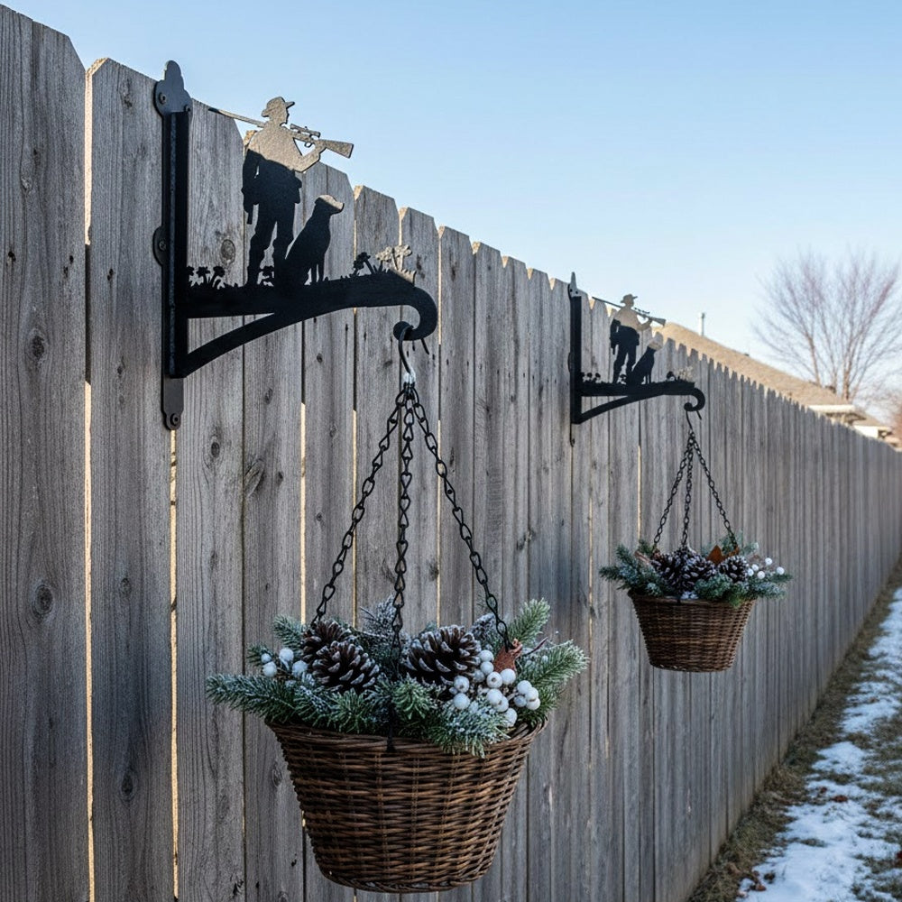 Hunter with dog metal hanging basket bracket mounted on outdoor wall for plant decoration