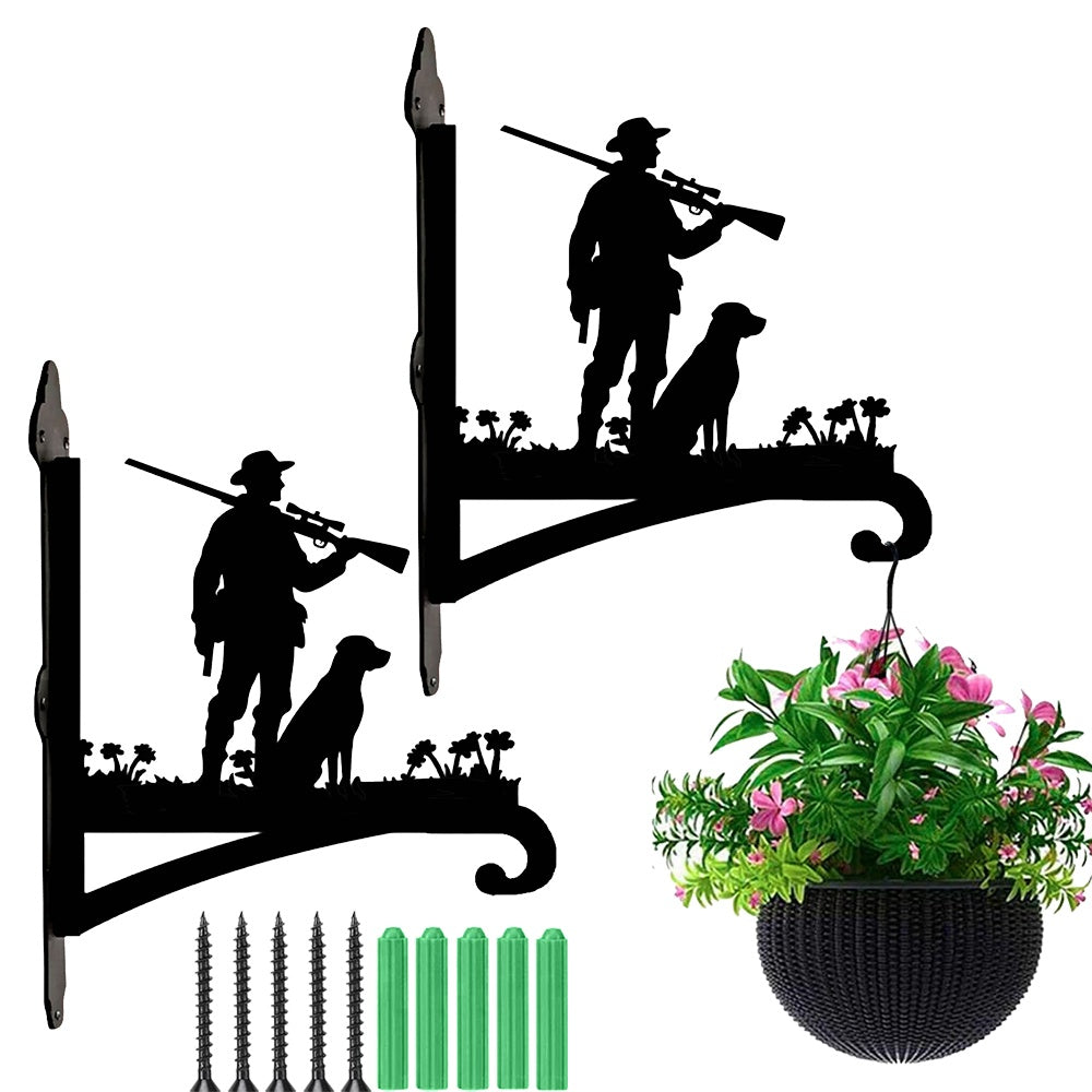 Hunter with dog metal hanging basket bracket mounted on outdoor wall for plant decoration