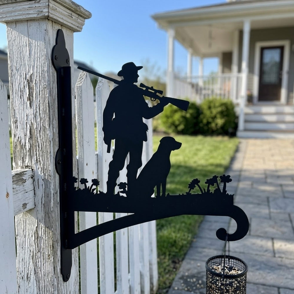Hunter with dog metal hanging basket bracket mounted on outdoor wall for plant decoration