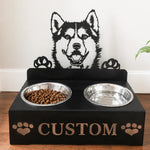 Personalized Husky metal dog bowl stand with custom name cutout and two removable feeding bowls