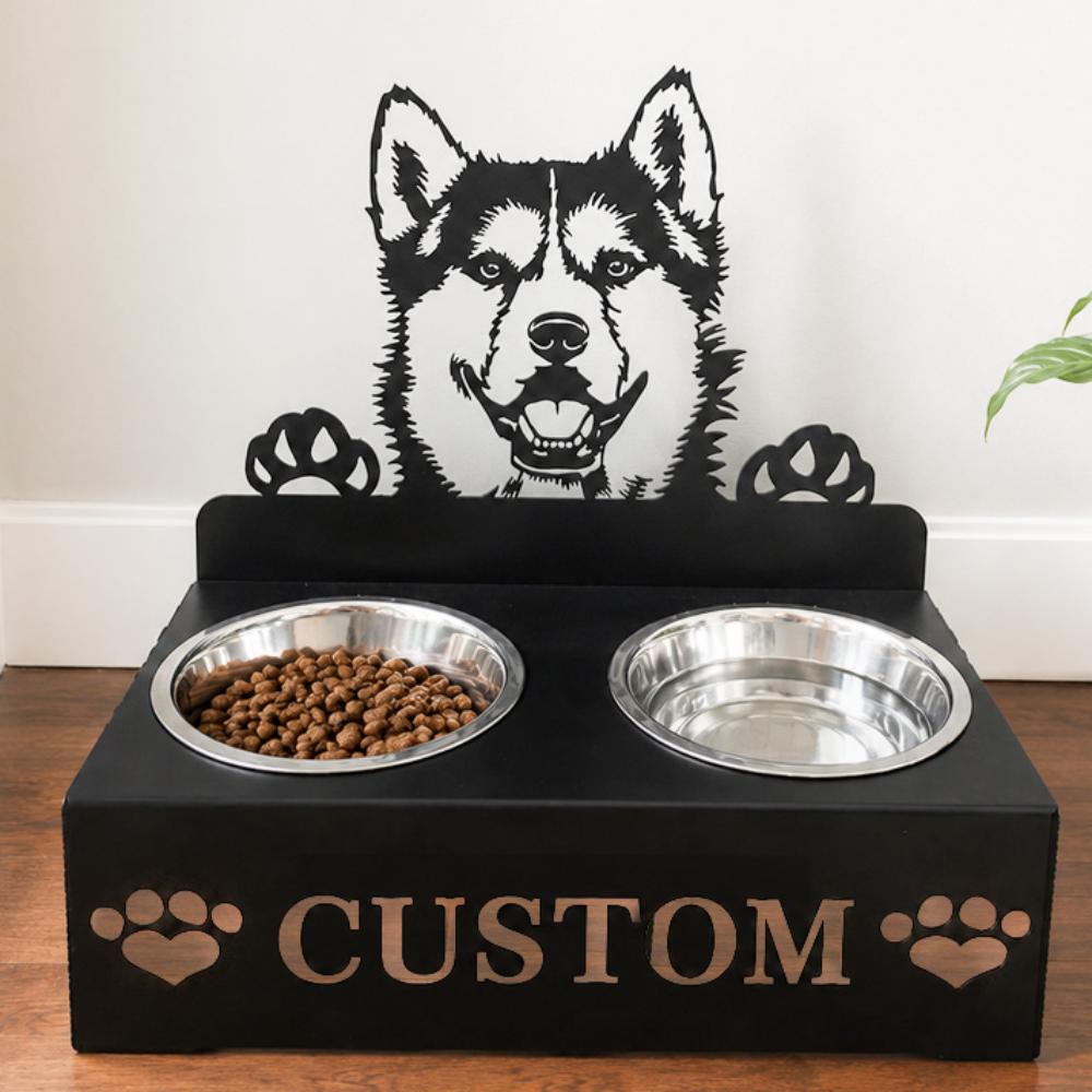 Personalized Husky metal dog bowl stand with custom name cutout and two removable feeding bowls