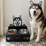 Personalized Husky metal dog bowl stand with custom name cutout and two removable feeding bowls
