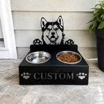 Personalized Husky metal dog bowl stand with custom name cutout and two removable feeding bowls
