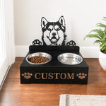 Personalized Husky metal dog bowl stand with custom name cutout and two removable feeding bowls