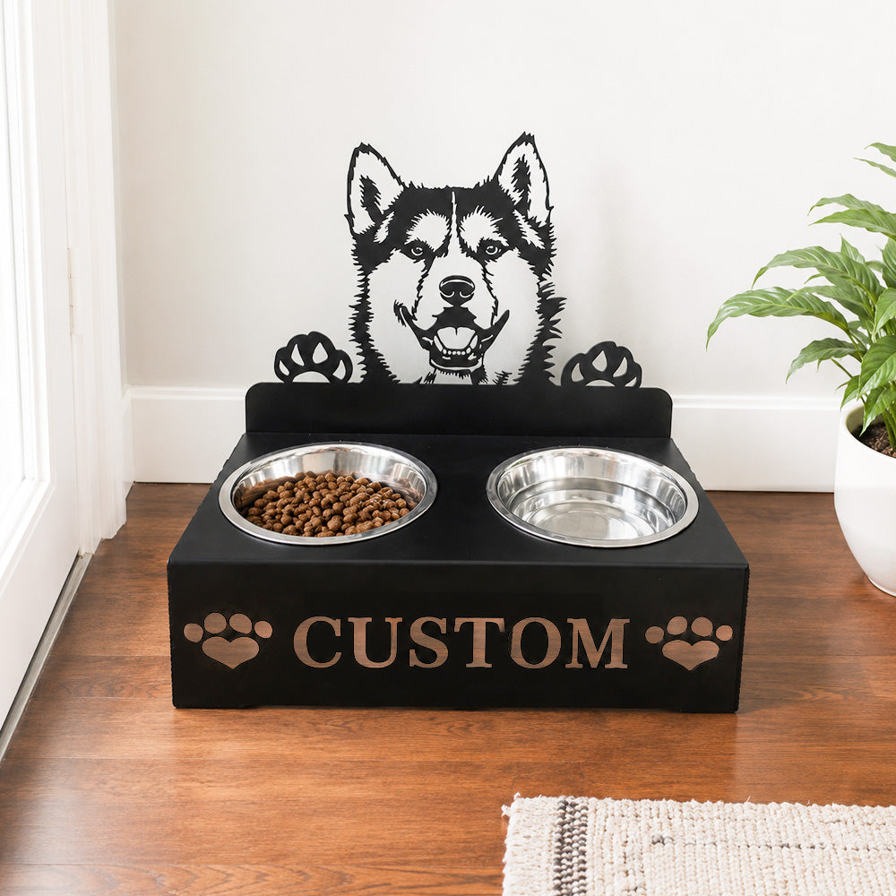 Personalized Husky metal dog bowl stand with custom name cutout and two removable feeding bowls