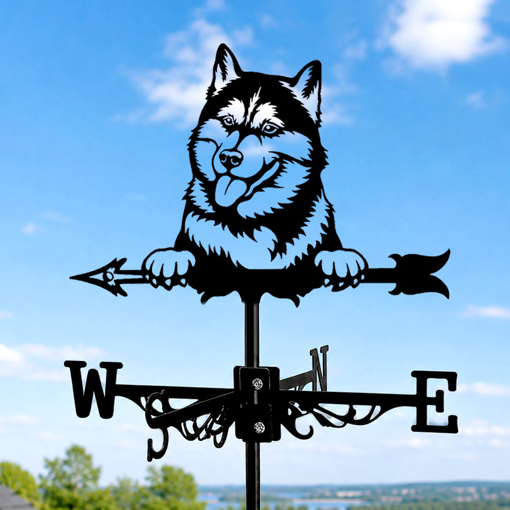 Husky metal weather vane with directional arrows and mounting rod, outdoor roof and garden decoration