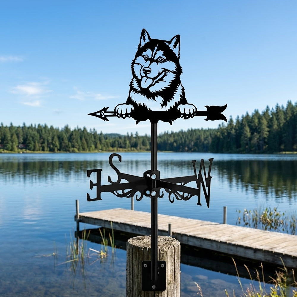 Husky metal weather vane with directional arrows and mounting rod, outdoor roof and garden decoration
