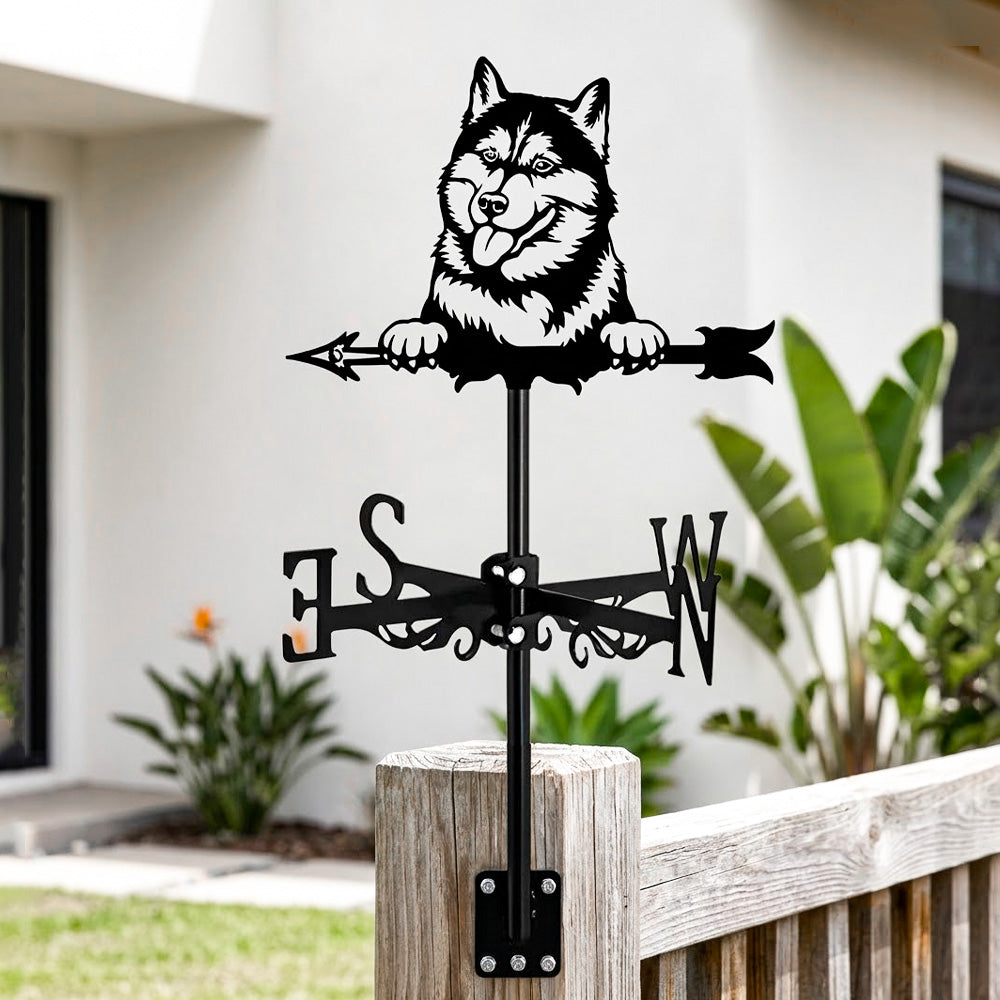 Husky metal weather vane with directional arrows and mounting rod, outdoor roof and garden decoration