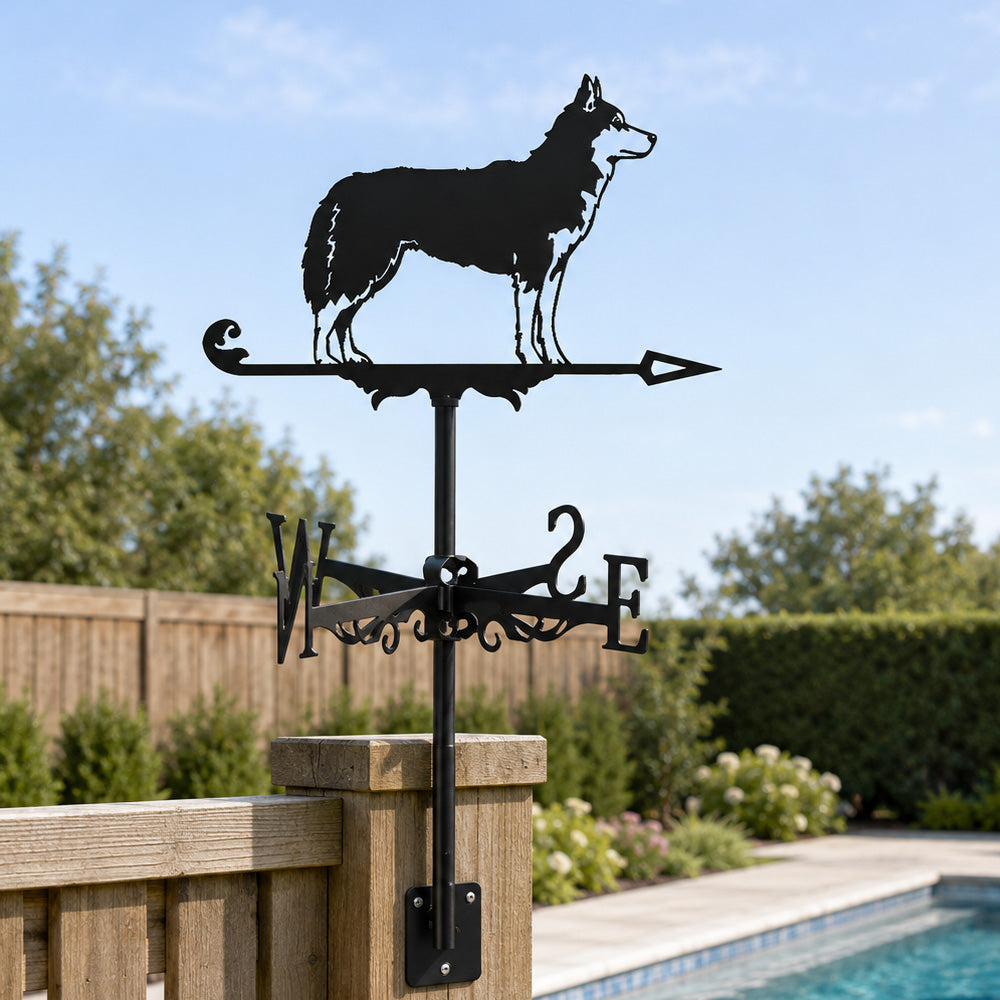 Husky metal weather vane with directional arrows and mounting rod, outdoor roof and garden decoration