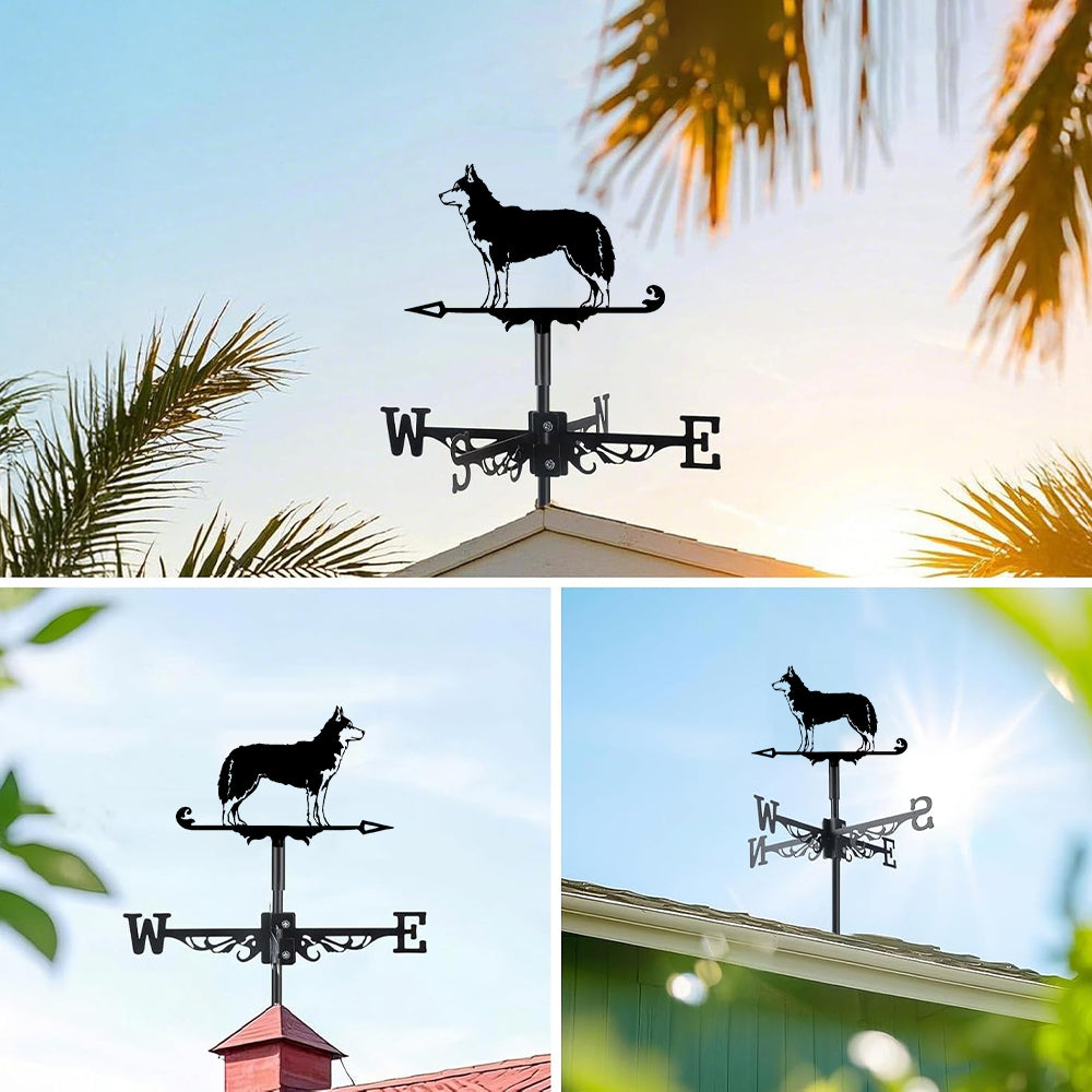 Husky metal weather vane with directional arrows and mounting rod, outdoor roof and garden decoration