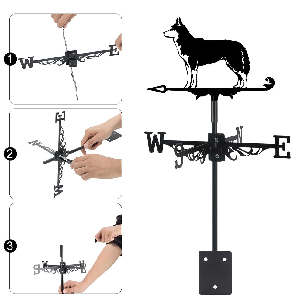 Husky metal weather vane with directional arrows and mounting rod, outdoor roof and garden decoration