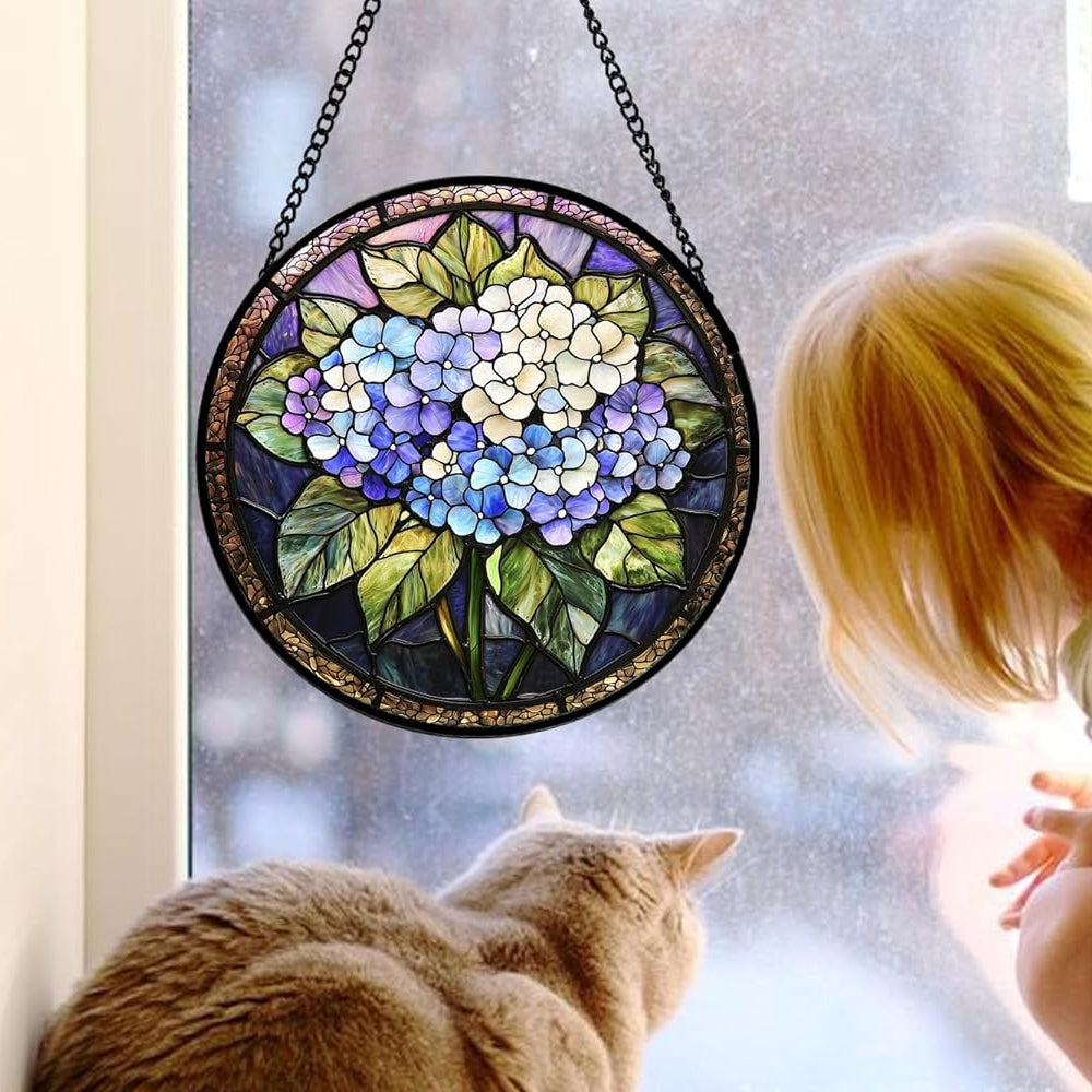 Hydrangea floral art stained glass suncatcher window hanging, suitable for home and garden decoration