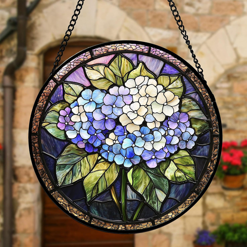 Hydrangea floral art stained glass suncatcher window hanging, suitable for home and garden decoration