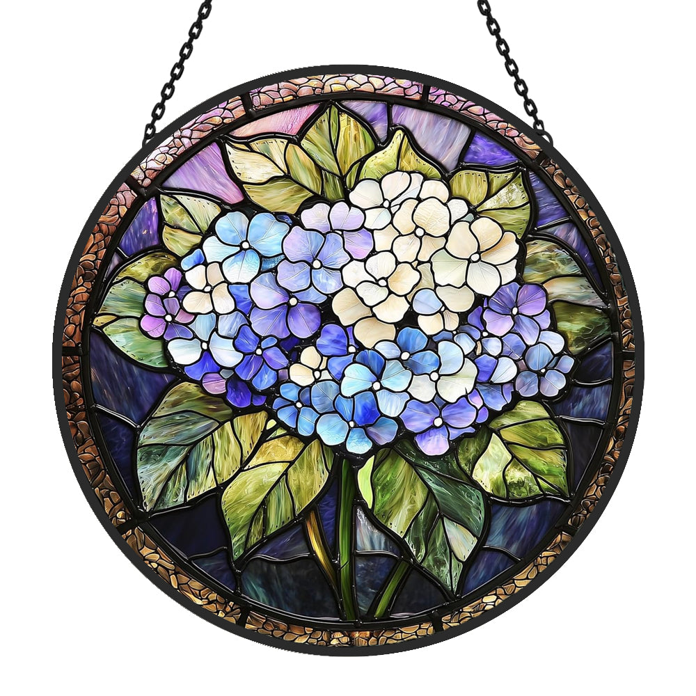 Hydrangea floral art stained glass suncatcher window hanging, suitable for home and garden decoration