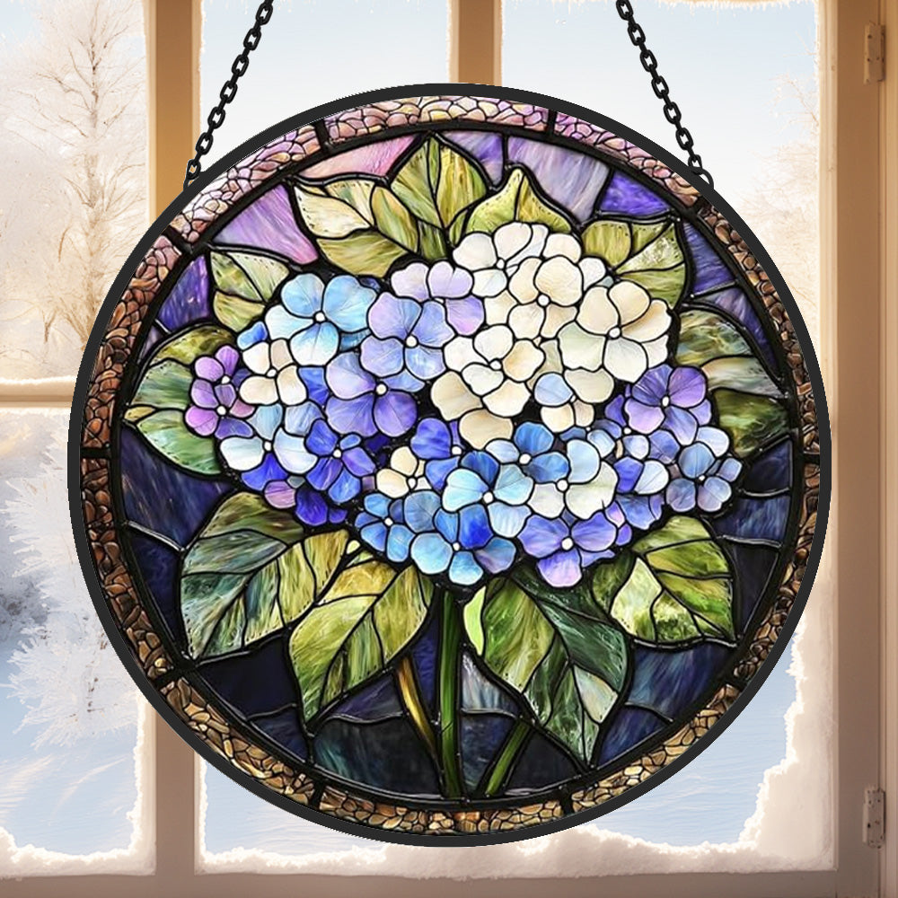 Hydrangea floral art stained glass suncatcher window hanging, suitable for home and garden decoration