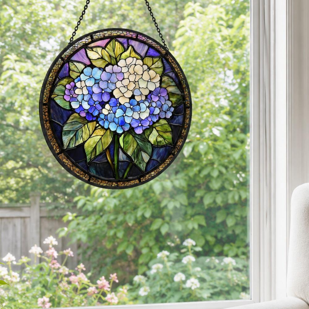 Hydrangea floral art stained glass suncatcher window hanging, suitable for home and garden decoration