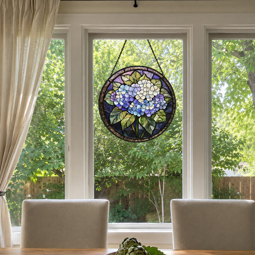 Hydrangea floral art stained glass suncatcher window hanging, suitable for home and garden decoration