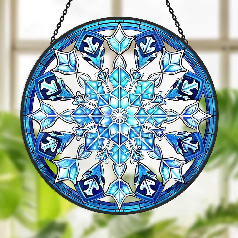 Ice blue snowflake stained glass suncatcher window hanging, suitable for home and garden decoration
