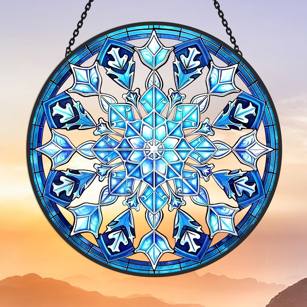 Ice blue snowflake stained glass suncatcher window hanging, suitable for home and garden decoration