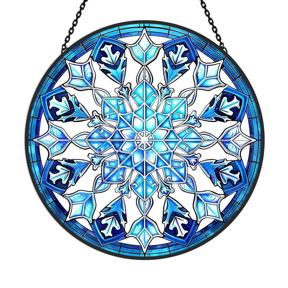 Ice blue snowflake stained glass suncatcher window hanging, suitable for home and garden decoration
