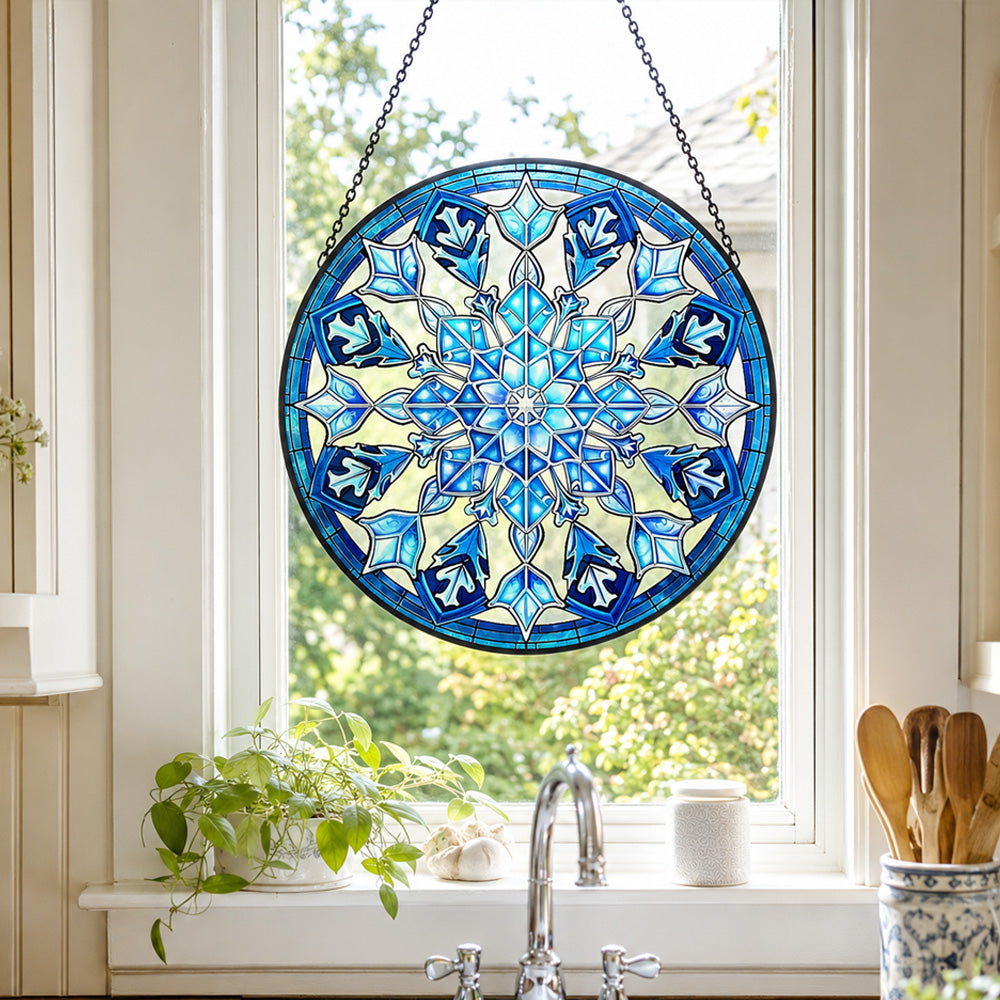 Ice blue snowflake stained glass suncatcher window hanging, suitable for home and garden decoration