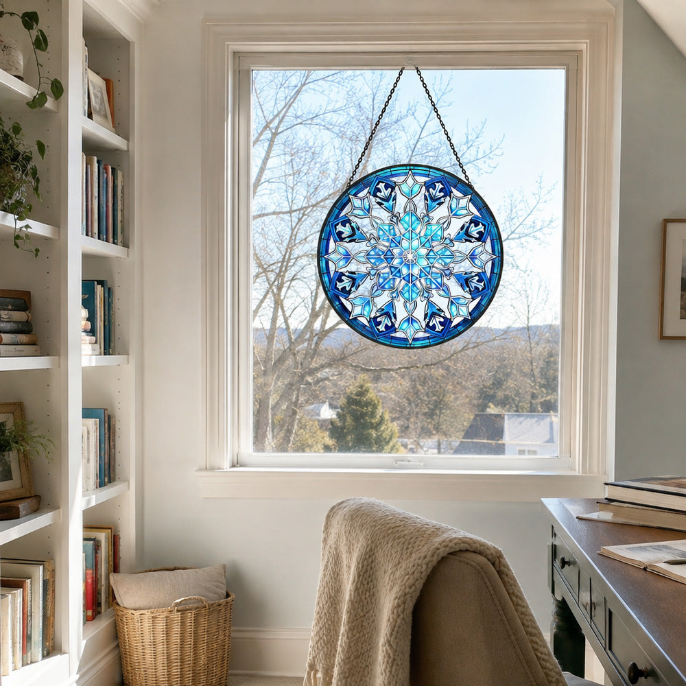 Ice blue snowflake stained glass suncatcher window hanging, suitable for home and garden decoration