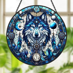 Ice blue wolf moon stained glass suncatcher window hanging, suitable for home and garden decoration