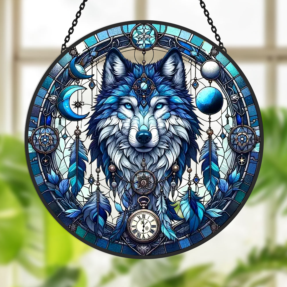Ice blue wolf moon stained glass suncatcher window hanging, suitable for home and garden decoration