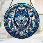 Ice blue wolf moon stained glass suncatcher window hanging, suitable for home and garden decoration