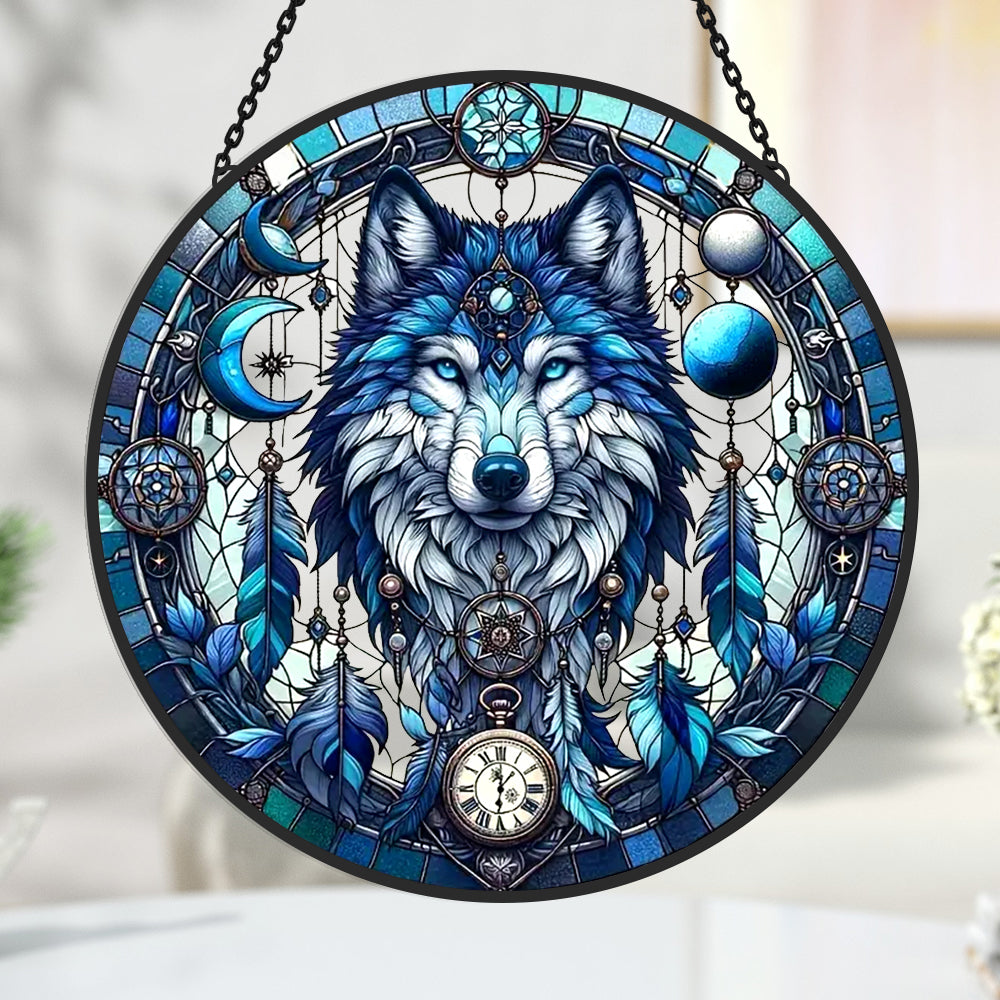 Ice blue wolf moon stained glass suncatcher window hanging, suitable for home and garden decoration
