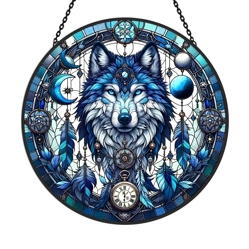 Ice blue wolf moon stained glass suncatcher window hanging, suitable for home and garden decoration
