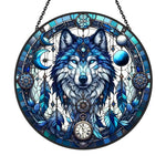 Ice blue wolf moon stained glass suncatcher window hanging, suitable for home and garden decoration