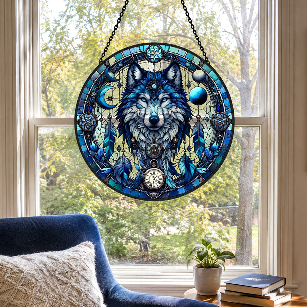 Ice blue wolf moon stained glass suncatcher window hanging, suitable for home and garden decoration