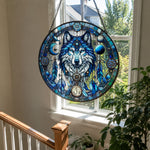 Ice blue wolf moon stained glass suncatcher window hanging, suitable for home and garden decoration