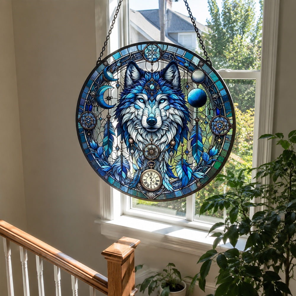 Ice blue wolf moon stained glass suncatcher window hanging, suitable for home and garden decoration