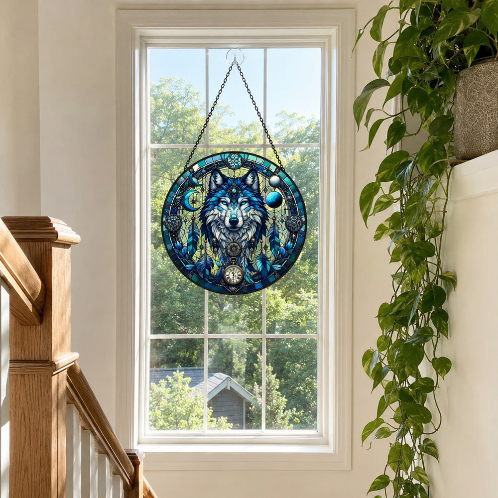 Ice blue wolf moon stained glass suncatcher window hanging, suitable for home and garden decoration