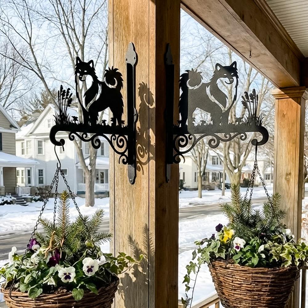 Icelandic sheepdog metal hanging basket bracket mounted on outdoor wall for plant decoration