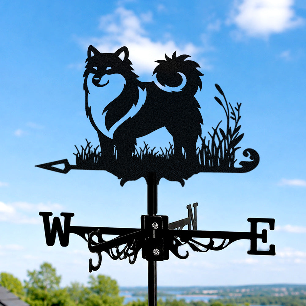 Icelandic Sheepdog metal weather vane with directional arrows and mounting rod, outdoor roof and garden decoration