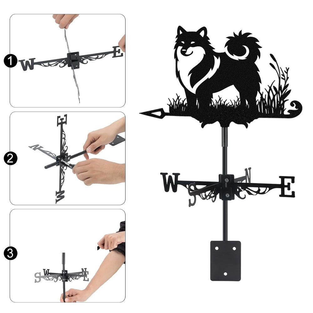 Icelandic Sheepdog metal weather vane with directional arrows and mounting rod, outdoor roof and garden decoration