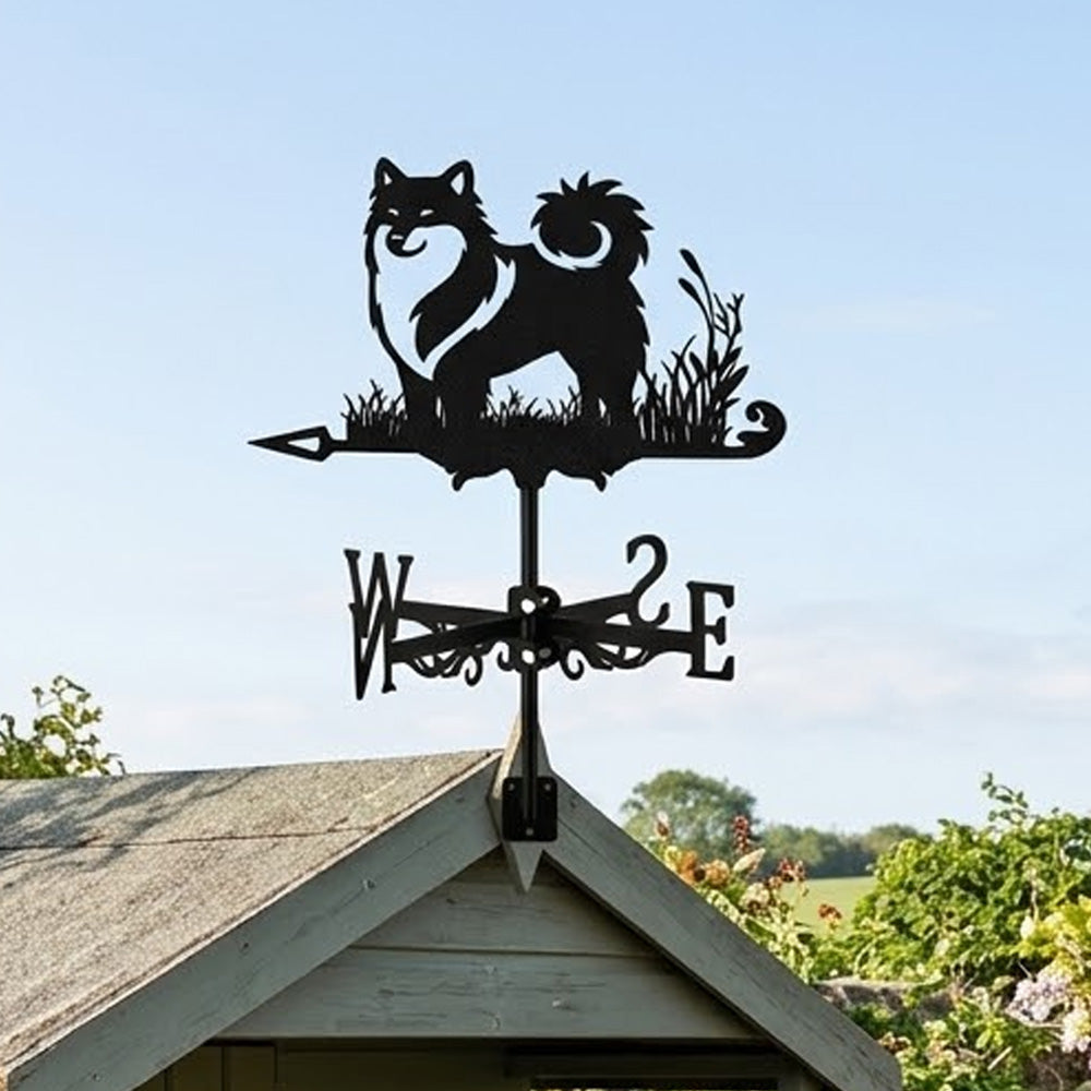 Icelandic Sheepdog metal weather vane with directional arrows and mounting rod, outdoor roof and garden decoration