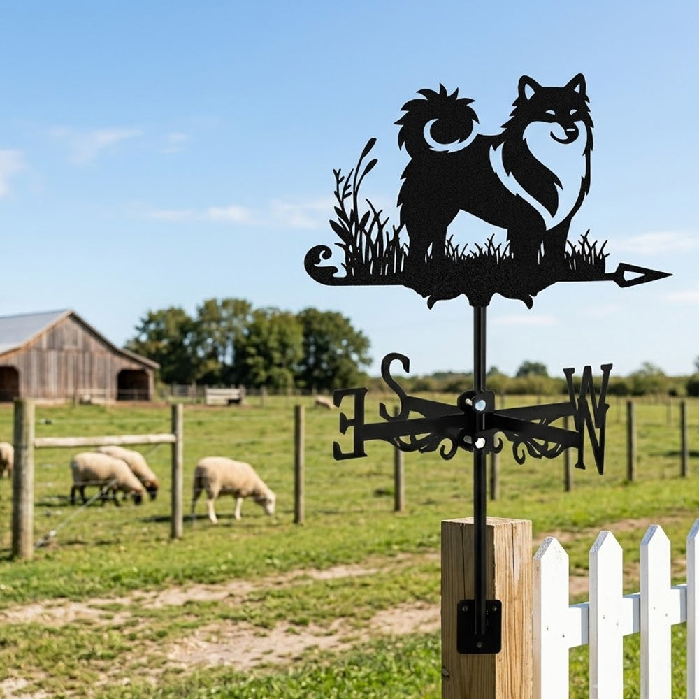 Icelandic Sheepdog metal weather vane with directional arrows and mounting rod, outdoor roof and garden decoration