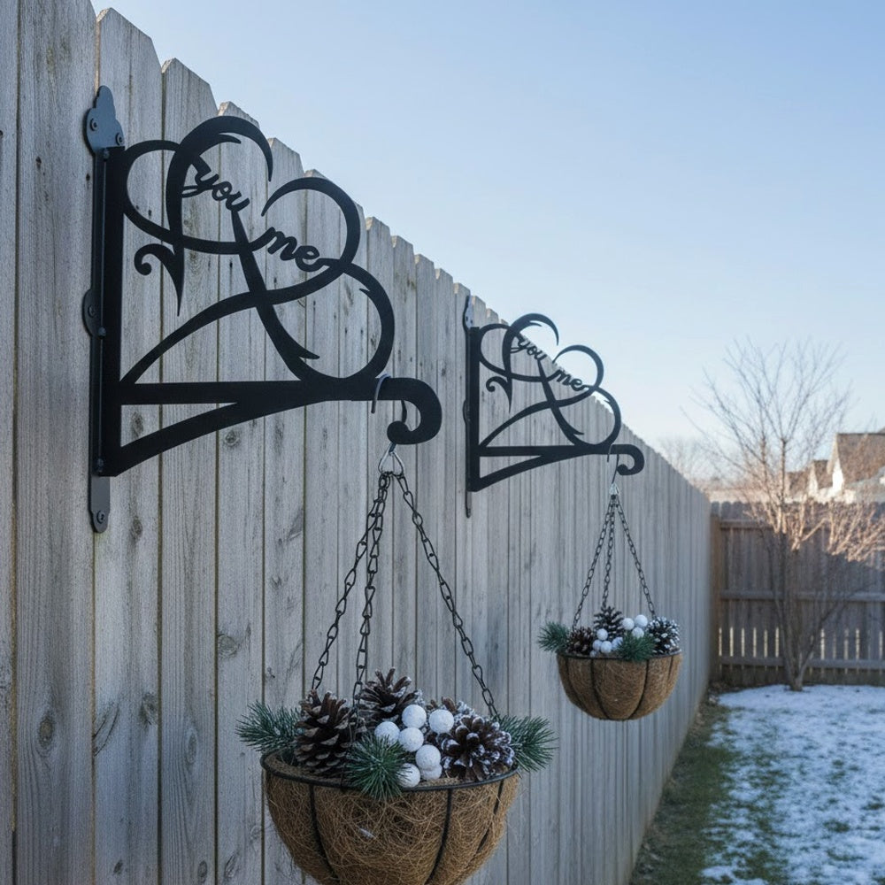 Infinity double heart you and me metal hanging basket bracket mounted on outdoor wall for plant decoration